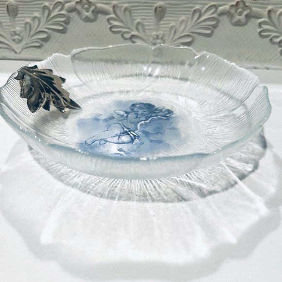 Angel Glass Curved Plate 925 Silver Leaf Hand Painted ARGENTERIA ASTUNI Vintage - Picture 9 of 9